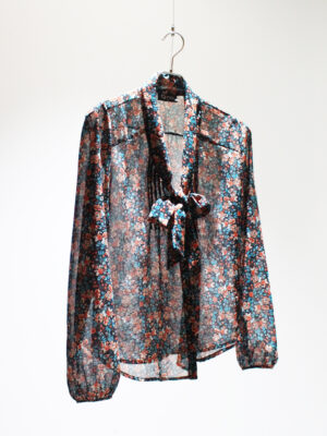 1990s flower pattern bow tie blouse